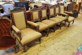 Victorian carved oak six piece parlour suite including pair armchairs