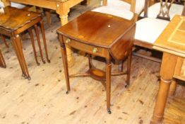 Edwardian inlaid mahogany drop leaf occasional table having frieze drawer and shaped stretchers