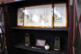 Three framed golfing prints and golfing novelties (8)