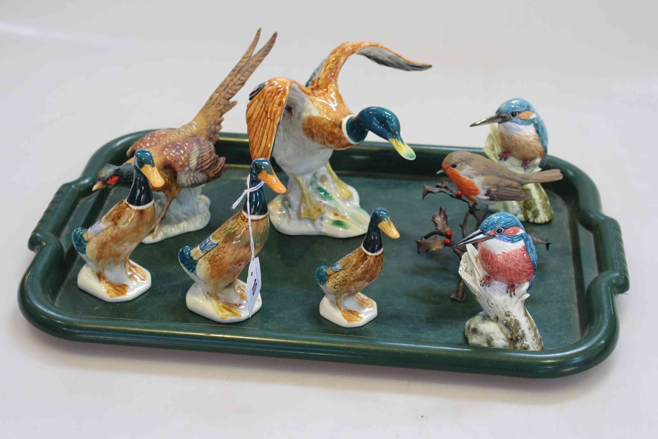 Beswick Mallard rising and three standing, two Mack Kingfishers,