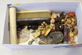 Box of collectables including early 20th Century ivory backed brush, silver topped scent bottle,