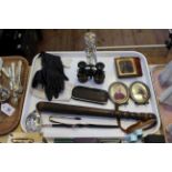 Tray lot with Victorian truncheon, tody ladle, old photographs,