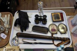 Tray lot with Victorian truncheon, tody ladle, old photographs,