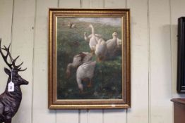 English School, Geese, oil on canvas,