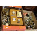 Two boxes of jewellery including silver fob watches,