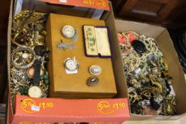 Two boxes of jewellery including silver fob watches,