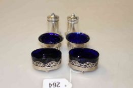 Two pairs of silver salts and a pair of silver salt and pepper pots (6)