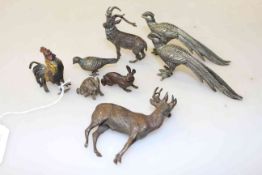 Six cold painted bronzes and a pair of metal models of peacocks (8)