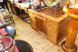 Victorian satin birch nine drawer pedestal desk with inset kneehole cupboard door, 121cm by 75.