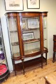 Edwardian inlaid mahogany shaped front single door vitrine on square tapering legs joined by