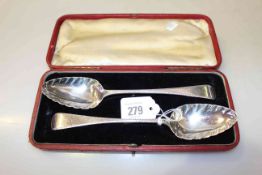 Pair of George III silver tablespoons, London 1795, with feather edge,