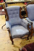 Victorian walnut framed ladies chair in blue floral pattern fabric