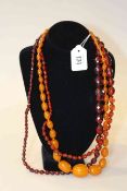 Three amber coloured bead necklaces