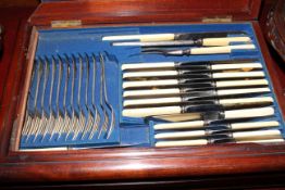 Victorian mahogany cased canteen of silver-plated and ivory handled cutlery,
