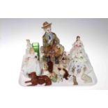 Four Royal Doulton figures, Belleek pig, Beswick dog,