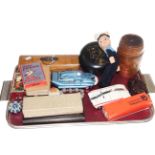 Two Dinky toys, string barrel, oak box,