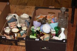 Two boxes including character jugs, Maling sundae dishes, glassware,