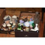 Two boxes including character jugs, Maling sundae dishes, glassware,