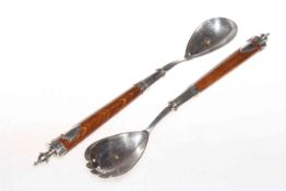 Pair of Edwardian oak and silver-plated salad servers
