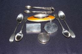 Silver crested snuff box, two silver compacts, silver and enamel nail buffer, spoons,