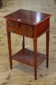 Mahogany bedside table having three drawers above a shelf on square tapering legs