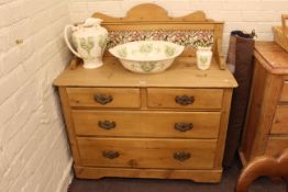 Late Victorian pine three height washstand with tiled gallery back and three piece toilet set