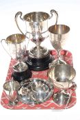 Four silver trophy cups, silver goblet and a silver plate,