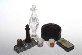 Chinese box, early 19th Century vinegar bottle, two miniature crested cups,