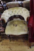 Victorian mahogany open backed occasional chair in button draylon raised on turned legs