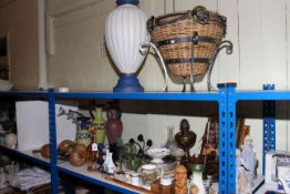 Oil lamp, two Lladro and two Nao figures, Lladro cat, ethnic face masks, large vase, wicker basket,