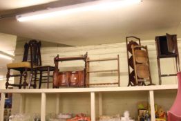 Oak and mahogany cakestands, small mahogany cupboard, wall cabinet, wall shelves,