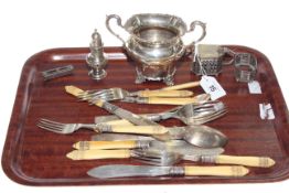 Silver two-handled sugar bowl, silver fish knives and forks,