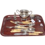 Silver two-handled sugar bowl, silver fish knives and forks,