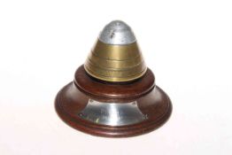 WWI German bomb timer on wood base with silver plaque,