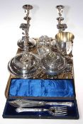 Good tray of silver-plate including two pairs of candlesticks, two toast racks, goblet,