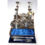 Good tray of silver-plate including two pairs of candlesticks, two toast racks, goblet,