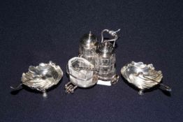 Edwardian silver-plated novelty cruet and a pair of plated salts with spoons