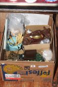 Box of costume jewellery, wood carving, coins,