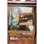 Box of costume jewellery, wood carving, coins,