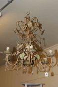 Metalwork leaf design six branch light fitting with glass lustre drops