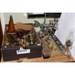 Collection of brass and plated ware, lamps,