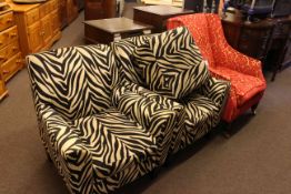 Pair Zebra pattern chairs and footstool and Laura Ashley Addison chair in rose pattern fabric (4)