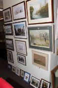 Collection of eighteen various framed paintings and pictures including Florence Walker watercolour,