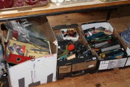 Three boxes of model railway equipment including engines, loco's, rolling stock, track,