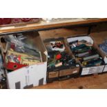 Three boxes of model railway equipment including engines, loco's, rolling stock, track,