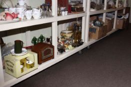 Walnut mantel clock, china, glass, collectables, six boxes of linen, material, pair of pictures,