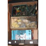 Box of military vehicles, plastic soldiers, Darlington, FA Cup and other football programmes,