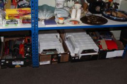 Four boxes of model trains, rolling stock, track,