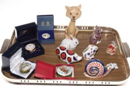 Six Royal Crown Derby paperweights, Sylvac cat, two Crummels,