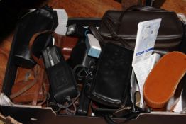 Box of cameras and equipment and two pairs of binoculars